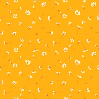 Çiçekler gibi dağınık küçük papatyalar ve sıcak sarı arka planda narin tomurcuklar ile kusursuz bir vektör deseni. Kumaş, ambalaj ve kırtasiye için oyuncu, hafif çiçek tasarımı