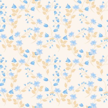 Yumuşak mavi çiçekleri ve açık arkaplanda bej yaprakları olan zarif, dikişsiz çiçek vektör deseni. Narin botanik dalları, tekstil ve dekor için mükemmel, yumuşak ve havadar bir tasarım oluşturur.