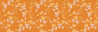 Zarif, pürüzsüz çiçek deseni yumuşak sarı çiçekleri ve sıcak turuncu arka planda narin yaprakları var. Akan gövdeler, tekstil ve dekor için mükemmel doğal, havadar bir tasarım yaratır.