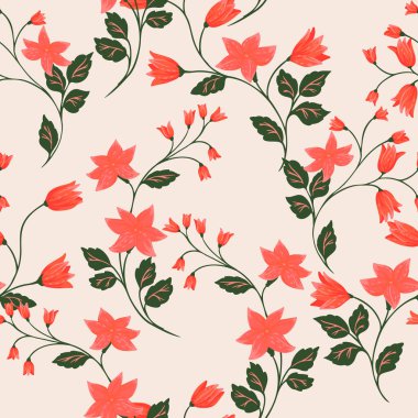 Kusursuz çiçek desenli canlı mercan kırmızı çiçekleri, narin tomurcuklar ve yumuşak krem arka planda koyu yeşil yapraklar. Taze, anlamlı ve tekstil, ambalaj ve dekor için ideal