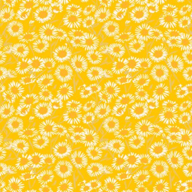 Yoğun papatya tarzı olan kusursuz vektör deseni sıcak altın arka planda yumuşak krem tonlarında çiçek açar. Tekstil, ambalaj ve yaz dekorasyonu için yeni botanik tasarımı