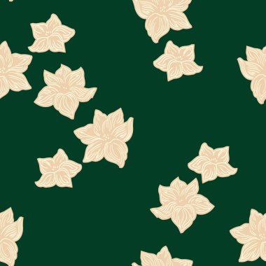 Koyu yeşil arka planda krem rengi geometrik çiçekli kusursuz vektör deseni. Tekstil, duvar kağıtları, kumaş, ambalaj kağıdı ve modern dekor için zarif dekoratif tasarım