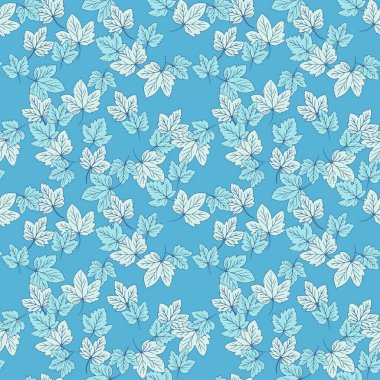 Elle çizilmiş akçaağaç ve açık mavi ve beyaz meşe yapraklı pürüzsüz vektör deseni. Kumaş, kırtasiye ve doğa temalı tasarım projeleri için ideal