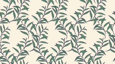 Hafif arka planda el çizimi yeşil yapraklı dalları olan kusursuz vektör deseni. Tekstil, duvar kağıtları, eko ambalaj ve doğal temalı markalar için zarif ve organik tasarım.