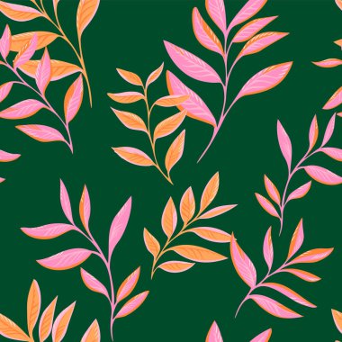 Pembe ve turuncu yapraklı, koyu yeşil arka planda kusursuz vektör deseni. Tekstil, duvar kâğıtları, kumaş, ambalaj kağıdı ve dekor için zarif botanik yaprak tasarımı