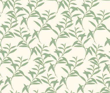 Yumuşak yeşil yapraklı dalları ve ılık krema arkaplanı olan kusursuz vektör deseni. Tekstil, duvar kâğıtları, kumaş, ambalaj kağıdı ve dekor için zarif botanik yaprak tasarımı