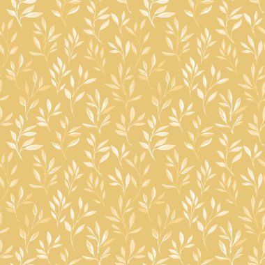 Sıcak hardal sarısı arka planda küçük krem yapraklı dalları olan kusursuz vektör deseni. Tekstil, duvar kâğıtları, kumaş, ambalaj kağıdı ve dekor için zarif botanik yaprak tasarımı