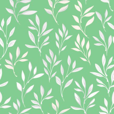 Yumuşak yeşil arka planda beyaz yapraklı dalları olan kusursuz vektör deseni. Kumaş, duvar kağıdı, ambalaj kağıdı, kırtasiye malzemesi ve dekor için asgari botanik yaprak tasarımı