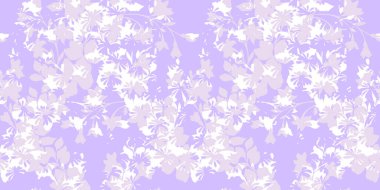 Açık mor arkaplanda yumuşak beyaz ve pastel leylak çiçek siluetleri olan kusursuz vektör deseni. Tekstil, duvar kağıtları, kırtasiye malzemeleri için zarif bir tasarım.