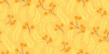 Sarı arka planda altın yapraklı ve turuncu meyveli kusursuz vektör deseni, tekstil, duvar kağıdı, kumaş, ambalaj kağıdı ve yüzey tasarımı için zarif botanik tekrarı
