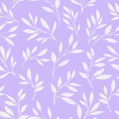 Yumuşak lavanta, mor, menekşe arkaplan, zarif minimalist botanik yineleme, kumaş, duvar kağıdı, kırtasiye, ambalaj kağıdı tasarımı için mükemmel beyaz yapraklı vektör deseni.