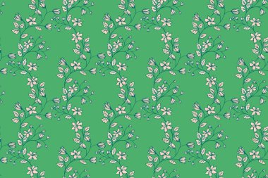 Narin krem çiçekleri, tomurcukları ve akan sapları yumuşak yeşil arka planda mavi çizilmiş kusursuz vektör yaban çiçeği deseni. Kumaş, duvar kağıdı, dekor için zarif botanik tasarımı