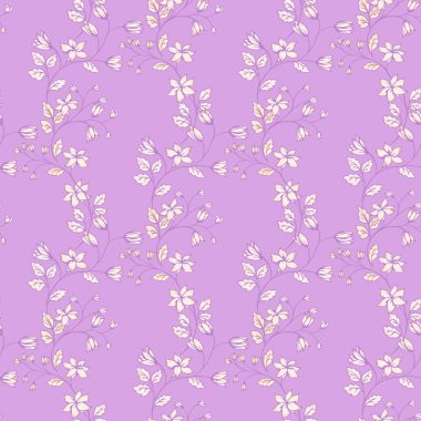 Yumuşak lavanta arka planında narin beyaz çiçekleri, tomurcukları ve ince sapları olan kusursuz vektör yaban çiçeği deseni. Kumaş, duvar kağıdı, kırtasiye malzemeleri için zarif romantik botanik tasarımı