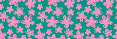 Düz vektör desenli, el yapımı pembe pastel boyalı çiçekler yeşil arka planda. Çocuk ürünleri, kumaş ve kırtasiye malzemeleri için oyuncu, çocuksu bir çiçek tasarımı.
