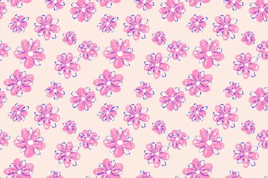 Açık arkaplanda pembe renkli çiçek desenli kusursuz vektör deseni. Çocuk ürünleri, kumaşlar ve kırtasiye malzemeleri için eğlenceli, neşeli ve sanatsal tasarım.