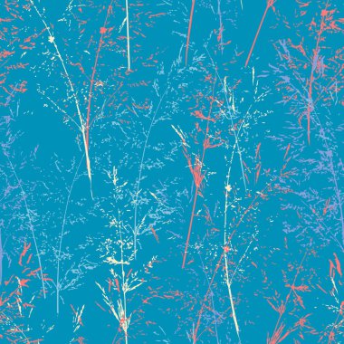 Canlı mercan, yumuşak krem ve parlak mavi arkaplanda serin mavi tonlarda narin botanik kökleri olan kusursuz vektör deseni dinamik ve modern bir tasarım yaratıyor..