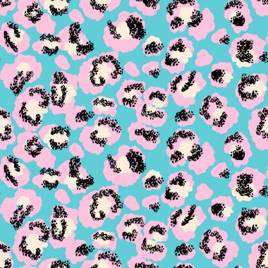 Soyut leopar desenli, pembe, krem rengi ve turkuaz arka planda siyah lekeli renksiz vektör deseni. Cesur moda için çağdaş yüzey tasarımı, baskılar