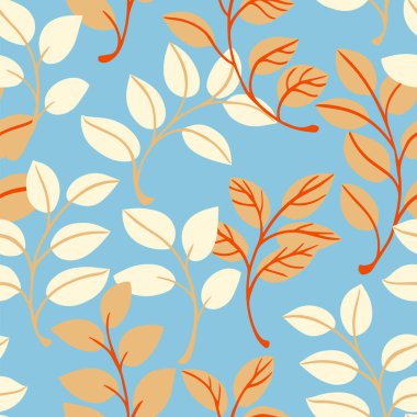 Zarif krem ve bej yaprak dalları içeren kusursuz vektör deseni yumuşak mavi arka planda yumuşak turuncu aksanlı, tekstil, kırtasiye, ambalaj, duvar kağıtları ve tasarımlar için idealdir.