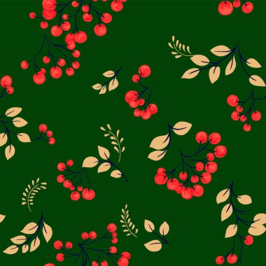 Kırmızı dut kümeleri ve koyu yeşil arka planda yumuşak bej yaprakları olan kusursuz vektör deseni. Sezonluk tekstil, ambalaj ve dekor projeleri için mükemmel cesur bir botanik tasarımı.