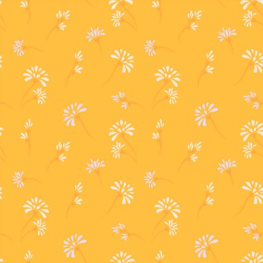 Küçük papatya çiçekleri ve sarı arka planda narin tomurcukları olan kusursuz bir vektör deseni. Çocuk tekstil ürünleri, bahar dekorasyonu, ambalaj kağıdı ve neşeli tasarımlar için mükemmel..