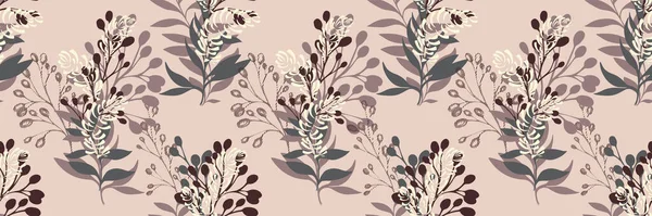 Zarif botanik kümeleri, narin dalları ve katmanlı yaprakları olan sessiz bej renkte kusursuz çiçek vektör deseni, tekstil, ambalaj, kırtasiye ve rafine tasarımlar için mükemmel.