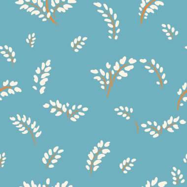 Donmuş mavi arka planda krem yapraklı ve turuncu saplı kusursuz vektör deseni. Tekstil, ambalaj kağıdı, duvar kağıdı ve dekor için zarif minimal botanik tasarımı