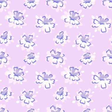 Soyut beyaz ve lavanta çiçekli kusursuz vektör deseni. Pastel mor arka planda yumuşak maviyle çizilmiş. Tekstil ve ambalaj için modern minimalist çiçek tasarımı