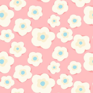 Yumuşak krem çiçekleri ve pastel pembe arka planda mavi merkezli kusursuz vektör deseni. Kumaş, ambalaj kağıdı ve ev dekorasyonu için hoş bir retro çiçek tasarımı.