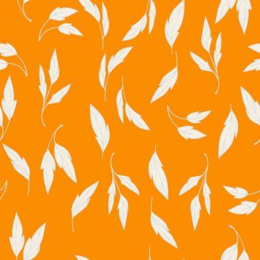 Canlı turuncu arka planda zarif beyaz yapraklı kusursuz vektör deseni. Tekstil, duvar kağıtları, ambalaj kağıtları ve markalaşma projeleri için modern botanik tasarımı