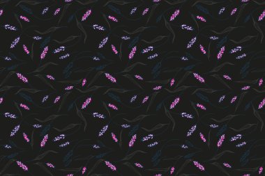 Küçük mor ve pembe çiçekli kusursuz vektör deseni ve siyah arka planda zarif doğrusal yapraklar. Kumaş, moda, kırtasiye için modern yüzey tasarımı,