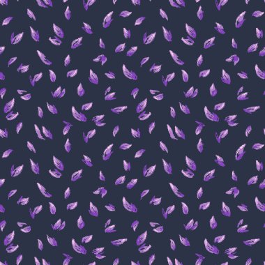 Donanmanın arka planına saçılmış küçük mor yapraklı kusursuz vektör deseni. Kumaş, kırtasiye veya ambalaj tasarımı için zarif ve modern botanik doku