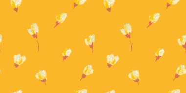 Yumuşak sarı çiçek tomurcukları ile en az pürüzsüz vektör deseni. Sıcak hardal arkaplan üzerine desenli, sanatsal bir tarzda boyanmış. Tekstil ve dekor için modern, zarif bir çiçek tasarımı.