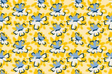 Kusursuz vektör desenli sarı ve mavi soyut çiçekli yumuşak krem arka planda donanmayla özetlenmiş. Kumaş, ambalaj ve kırtasiye için oyuncu ve parlak tasarım