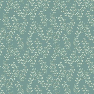 Kusursuz bir çiçek deseni, narin dalları ve soluk yeşil arka planda minik krema çiçekleri var. Tekstil, duvar kağıtları ve dekor için zarif botanik tasarımı