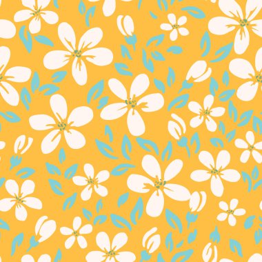 Sade beyaz çiçekli ve sarı arka planda mavi yapraklı kusursuz vektör deseni. Taze botanik tasarımı tekstil, duvar kağıdı, ambalaj ve baskılar için mükemmeldir.