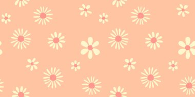 Yumuşak şeftali arka planında şirin papatya çiçekleri olan kusursuz vektör deseni. Basit çiçek yineleme tasarımı kumaş, duvar kağıdı, ambalaj, tekstil ve bahar dekorasyonu için mükemmeldir.