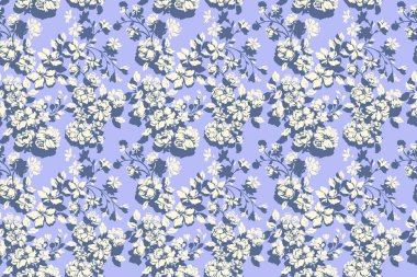 Yumuşak lavanta arka planında çiçek açan krema çiçekleri ve koyu mavi yaprakları olan kusursuz bir vektör deseni. Kumaş, duvar kağıdı, ambalaj ve dekor için klasik botanik tekrarı