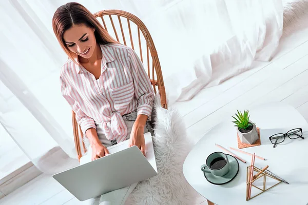 Top View Beautiful Young Woman Sitting Armchair Home Working Laptop — Stock Photo, Image