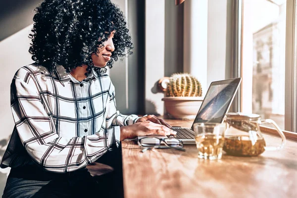 İşine odaklan. Güzel, Afro-Amerikalı bir kadın pencerenin yanında güzel, rahat bir ofiste çalışıyor..