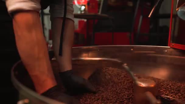 Producción Granos Café Fritos Frescos Tostado Proceso Fábrica Hombre Sacando — Vídeo de stock
