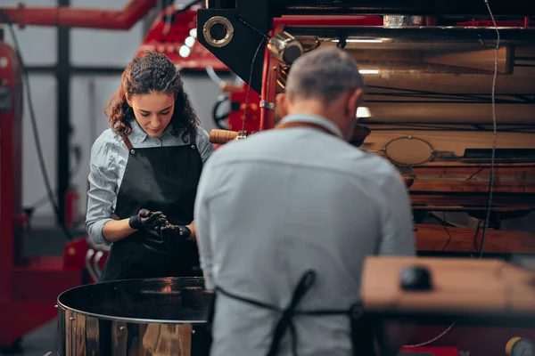 Beautiful Coffeehouse Roastery Two Baristas Roasted Coffee Beans Selective Focus — Stock Photo, Image