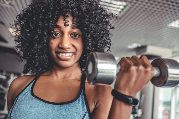 Portrait Cheerful African Young Woman Activity Tracker Hand Doing Exercise — Φωτογραφία Αρχείου