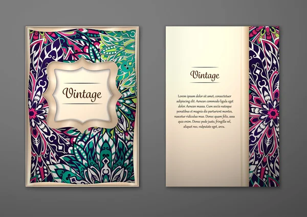 Çiçek mandala desen ve süs eşyaları ile Vintage kartları.