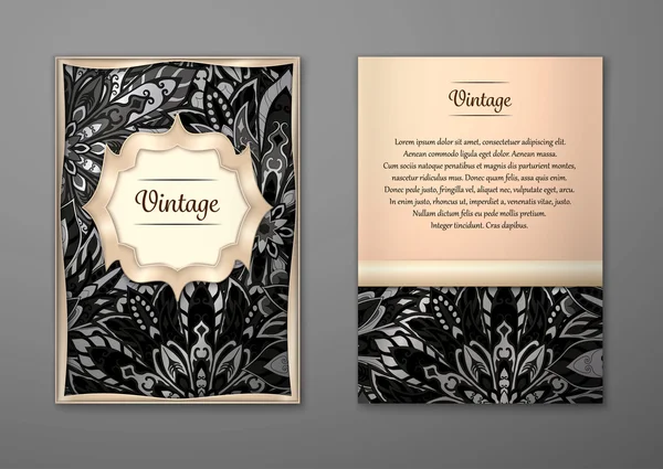 Tarjetas vintage con patrón de mandala floral y adornos . — Vector de stock