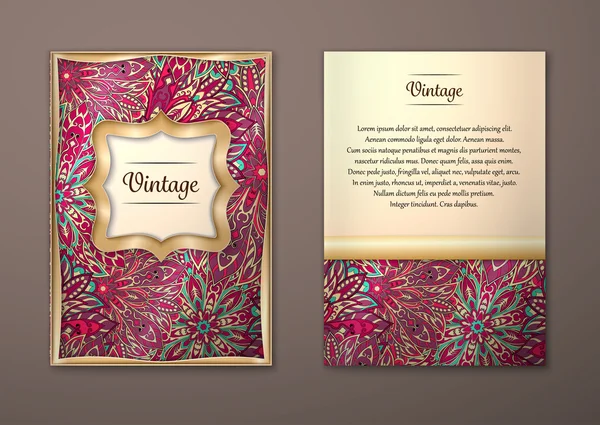 Tarjetas vintage con patrón de mandala floral y adornos . — Vector de stock