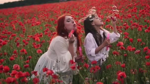 Feliz niña y su mamá soplar burbujas de jabón en el campo de flores de amapolas rojas, cámara lenta — Vídeos de Stock