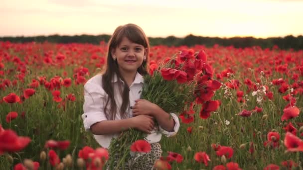 Маленька усміхнена дівчинка з букетом червоних маків, що стоїть у квітковому полі на заході сонця — стокове відео