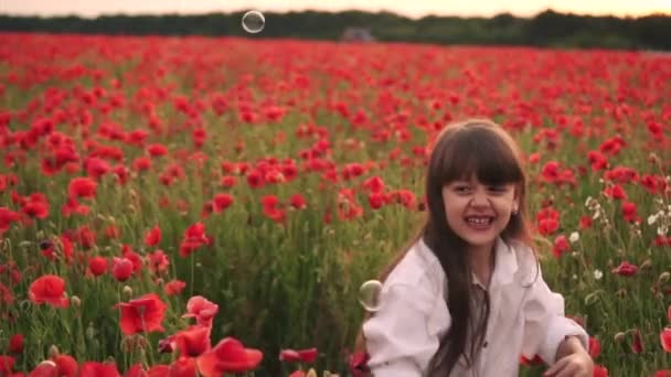 Niña sonriente captura burbujas de jabón en el campo floreciente de amapolas rojas, cámara lenta — Vídeo de stock