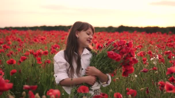 Klein lachend meisje met boeket rode klaprozen in bloemenveld bij zonsondergang — Stockvideo