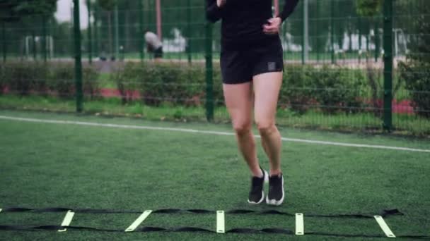 女性のトレーニングスピードはしごドリル. — ストック動画
